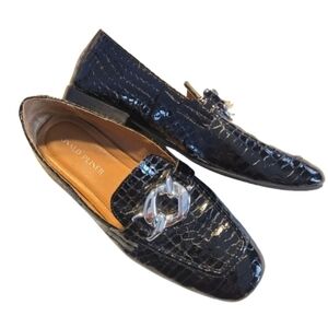 Donald Pliner Bristol Patent Croc Embossed Loafers With Silver Chain